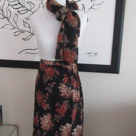 Vintage 1990s black & terracotta floral wrap midi skirt & scarf sz. 16 - Picture 2 of 14